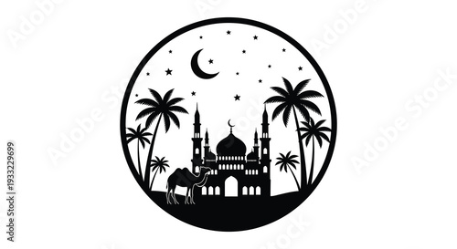 A striking black silhouette depicts a mosque palms camel and starry night within a circular frame silhouette