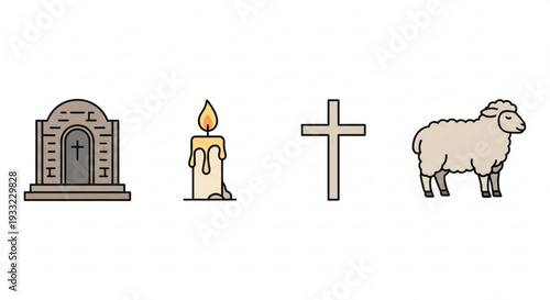 Easter symbols set including tomb candle cross and lamb on transparent background
