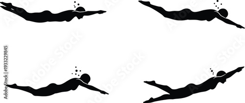 Underwater swimmer silhouette illustration, man and woman diving poses, swimming vector graphic, black and white design for aquatic sport, health, lifestyle, and fitness concept.
