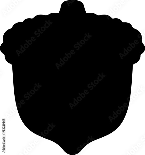 A detailed black and white illustration of an acorn with a textured surface