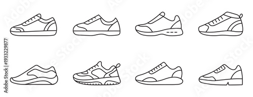 Sneaker Line Icons Set, Eight Different Sole Designs, Athletic Footwear Outline Collection, Shoe Silhouettes, Minimal Sports Fashion Vector