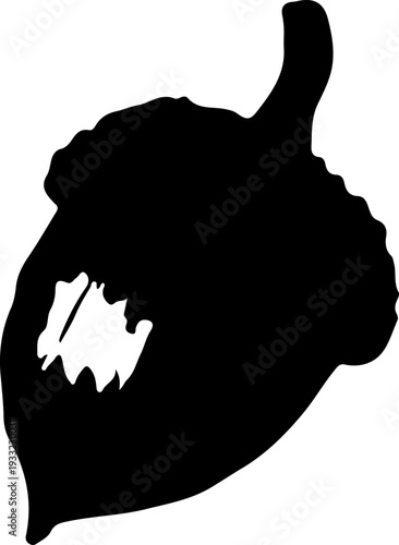 A black silhouette of an acorn with a visible crack on its shell.