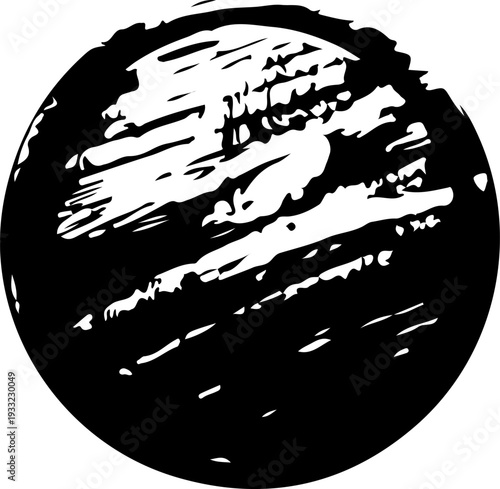 A striking black and white illustration of a celestial body with intricate textures