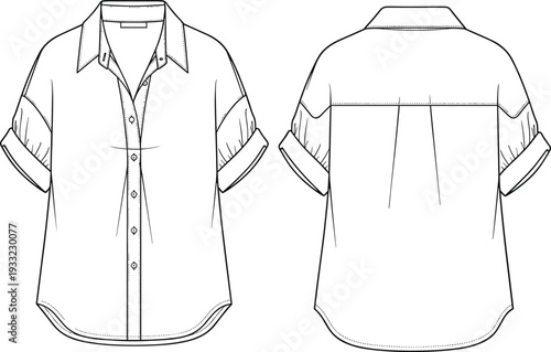 Short sleeve button down shirt, turned-up cuffs, front and back view, classic collar, fashion sketch, cad drawing flat vector illustration