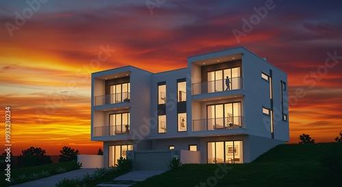 Modern multilevel house with large windows set against stunning sunset sky during evening hours