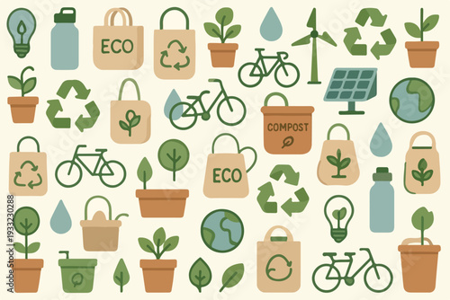 Sustainable Living and Eco Friendly Daily Habits Seamless Vector Pattern