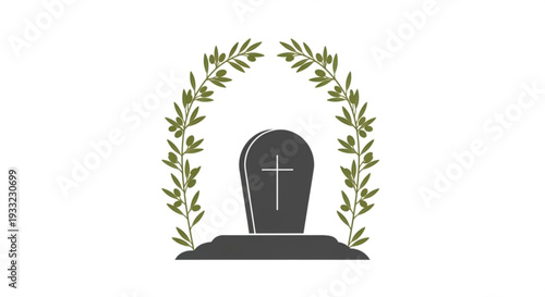 Grave marker with cross and laurel wreath on transparent background