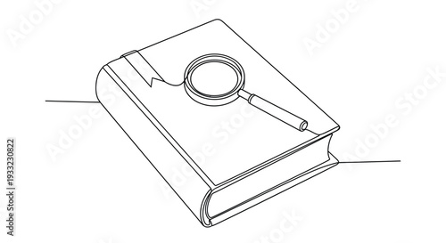 Continuous Line Drawing of Closed Book with Magnifying Glass for Research