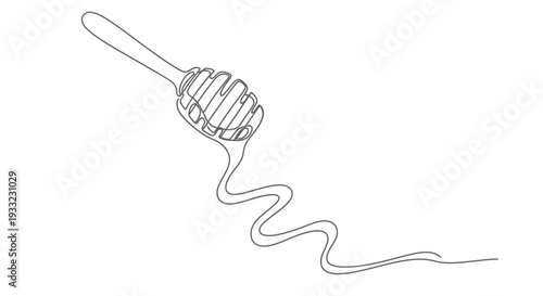 One Line Art Drawing of a Honey Dipper with Sweet Dripping Honey Diagonal