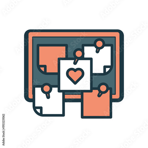 Graphic illustration of a vibrant bulletin board adorned with multiple pinned notes and a prominent heart symbol, representing organized ideas, effective communication, and heartfelt messages