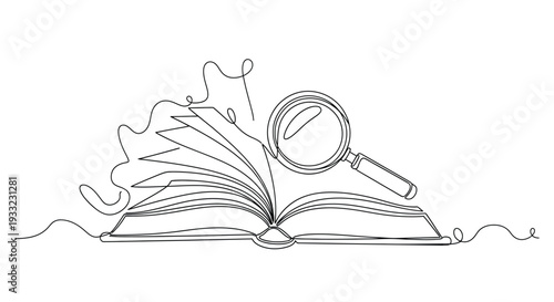Knowledge Discovery & Research Continuous Line Art with Open Book and Magnifying Glass