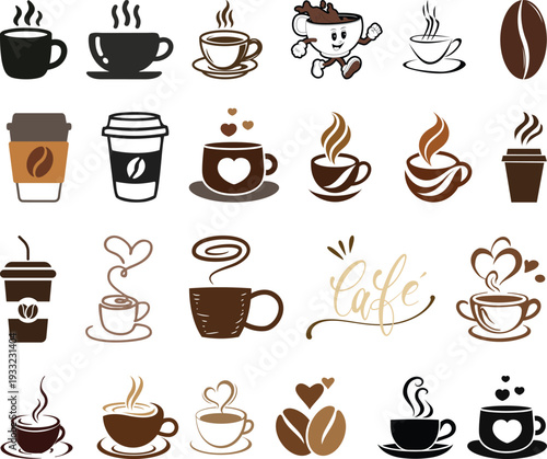 Coffee cup icon set. Disposable cup of coffee. Coffee To Go. Disposable coffee cup. Coffee paper cup set with label. Brown plastic container for drink.Doodle set of coffee drawings, handmade sketches.