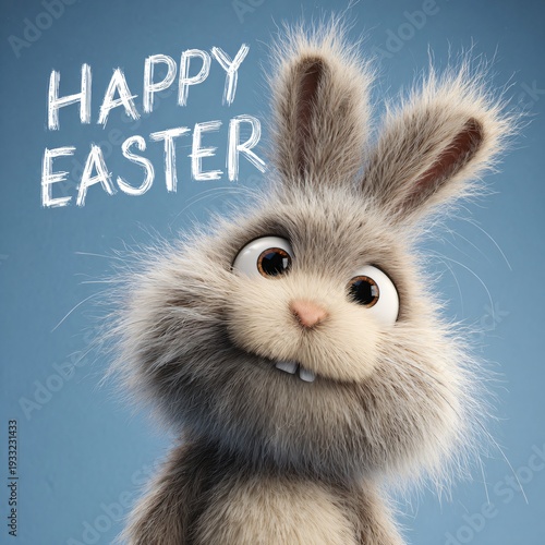 Ein drolliger kleiner Hase mit dicken Backen und dem Text Happy Easter.