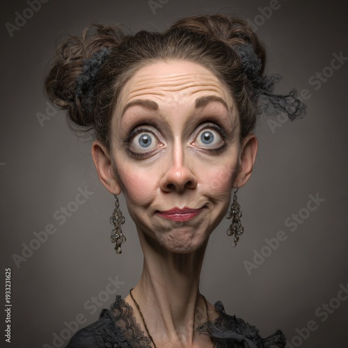 Die Karikatur einer hübschen, erstaunten und neugieren Frau mit großen Augen.