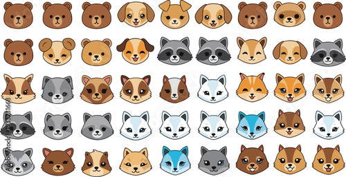 Cute dog and cat faces collection, cartoon pet head icons set, adorable animal characters vector illustration bundle