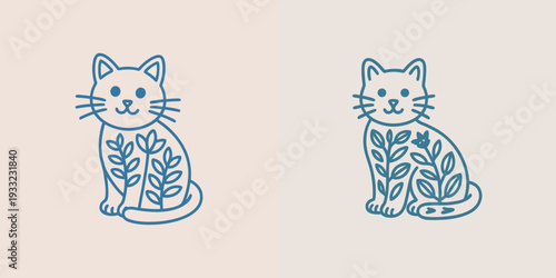 Two versions of stylized cat icons featuring blue line art and internal floral leaf motifs