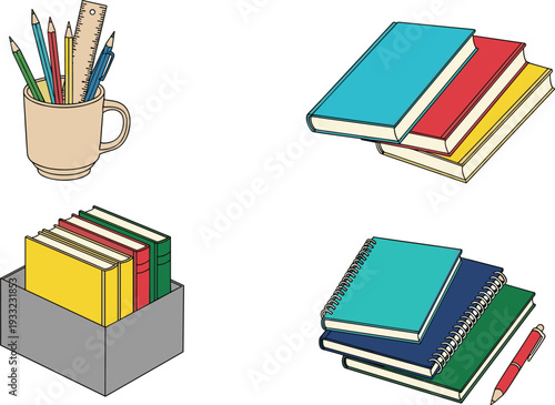 Books and stationery collection, stack of textbooks notebooks and pencils in cup, education study supplies vector illustration set
