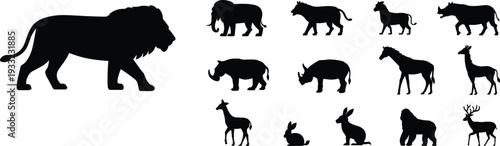 Wild animal silhouettes collection featuring lion, elephant, rhinoceros, horse and deer isolated on white background, black wildlife vector set for logo, print and design