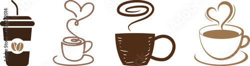 Coffee cup icon set. Disposable cup of coffee. Coffee To Go. Disposable coffee cup. Coffee paper cup set with label. Brown plastic container for drink.Doodle set of coffee drawings, handmade sketches.