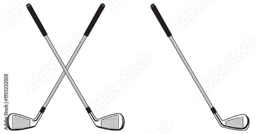 Golf Clubs Crossed Icon, Iron Club Pair, Silver Shaft, Black Grip, Angled Clubhead, Professional Golf Equipment Symbol