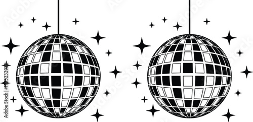 Two Disco Balls with Starbursts Hanging on White Background mirror ball party