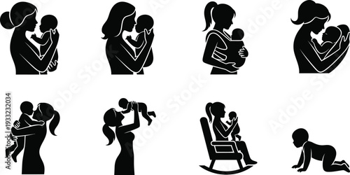 Mother and baby icon bundle silhouette collection for parenting and family designs