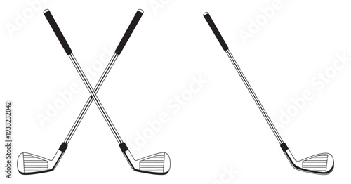 Golf Clubs Crossed, Iron Club Design, Silver Shaft, Black Grip, Angled Clubhead, Sports Equipment, Golfing Gear Vector Illustration