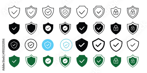 Set of security shield icons, security shields logotypes with check mark and padlock. Security shield symbols. Vector illustration