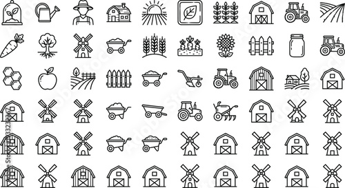 Farm agriculture outline icon set with barn tractor crops animals tools for rural farming web design vector illustration collection pack