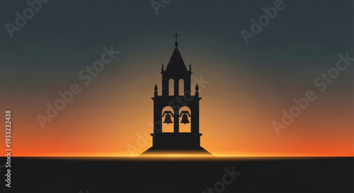 Silhouette of a church tower at sunset with orange and yellow gradient sky on transparent background