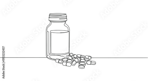 Medical Pills Spilled from Bottle Continuous Line Drawing Illustration