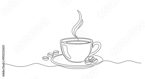 Continuous line drawing of a steaming cup of coffee with beans
