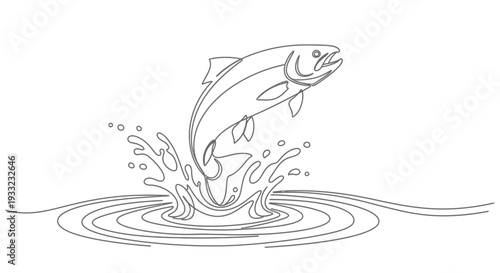 Continuous line drawing of a salmon leaping out of splashing water
