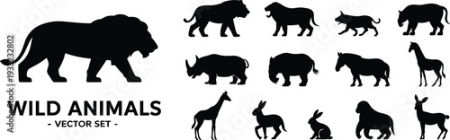 Wild animals silhouette vector set with lion, rhinoceros, giraffe, horse, deer and rabbit isolated on white background, black wildlife collection for logo design