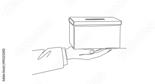 Hand holding a donation or ballot box in one line drawing style