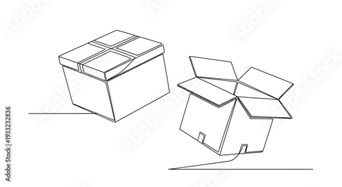 Continuous line drawing of open and closed cardboard boxes for shipping and moving