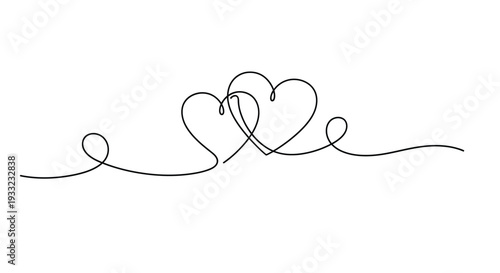 Two intertwined hearts in continuous line drawing style for wedding and romance