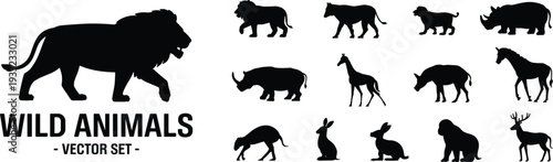 Wild animals vector set with lion, rhinoceros, giraffe, horse, deer and rabbit silhouettes isolated on white background, black wildlife collection for logo and print design