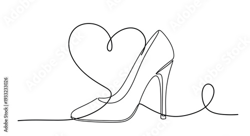 Elegant high heel shoe and heart shape in continuous line art style