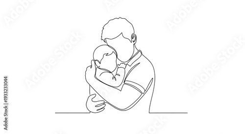 Loving father holding his baby in a warm hug continuous line art illustration