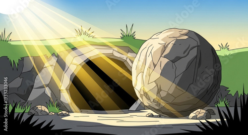 Cartoon illustration of a large stone rolled away from an empty tomb on transparent background
