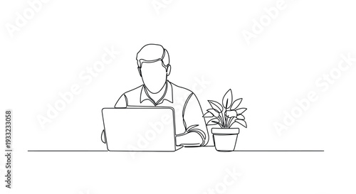 Continuous line drawing of a man working on a laptop at a desk with a plant