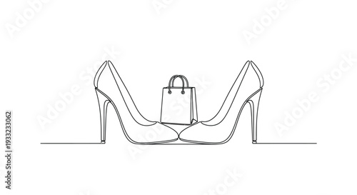 Continuous line art of elegant high heel shoes and a shopping bag icon