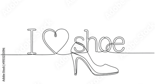 Continuous line art featuring a heart and text I love shoes with a stiletto