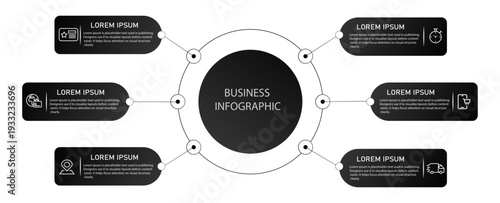 Business diagram with 6 circular steps – Marketing chart infographic design with icons for digital process and planning | Modern radial business representation demo
