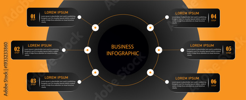 Business diagram with 6 circular timeline steps – Marketing chart infographic design with numbering steps or options for digital process and planning | Modern business representation demo