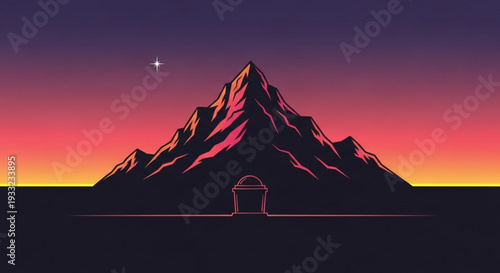 Mountain silhouette at serene sunset with small hut on transparent background
