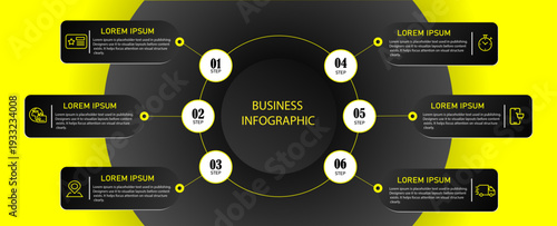 Business diagram with 6 circular steps – Marketing chart infographic design with icons for digital process and planning | Modern timeline business representation demo