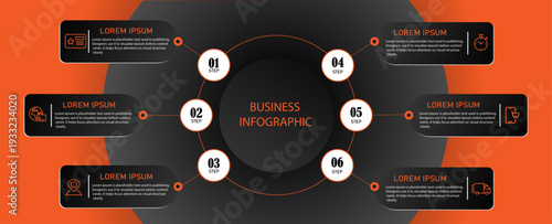 Business diagram with 6 circular steps – Marketing chart infographic background with icons for digital process and planning | Modern timeline business representation demo