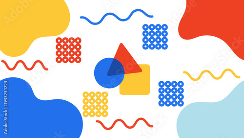 Bright Memphis-style abstract background featuring colorful geometric shapes, playful squiggles, bold primary colors on a light backdrop. Perfect for modern branding, posters, packaging, social media
